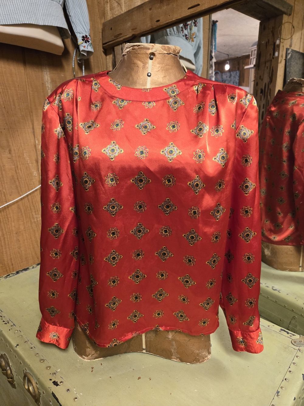 Red Satin Medallion-Print Long Sleeve Blouse by SK & COMPANY